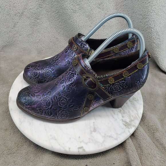 Crazycat Shoes Womens EU 38 US 7 Purple Embossed Leather Block Heel Booties - Picture 1 of 9